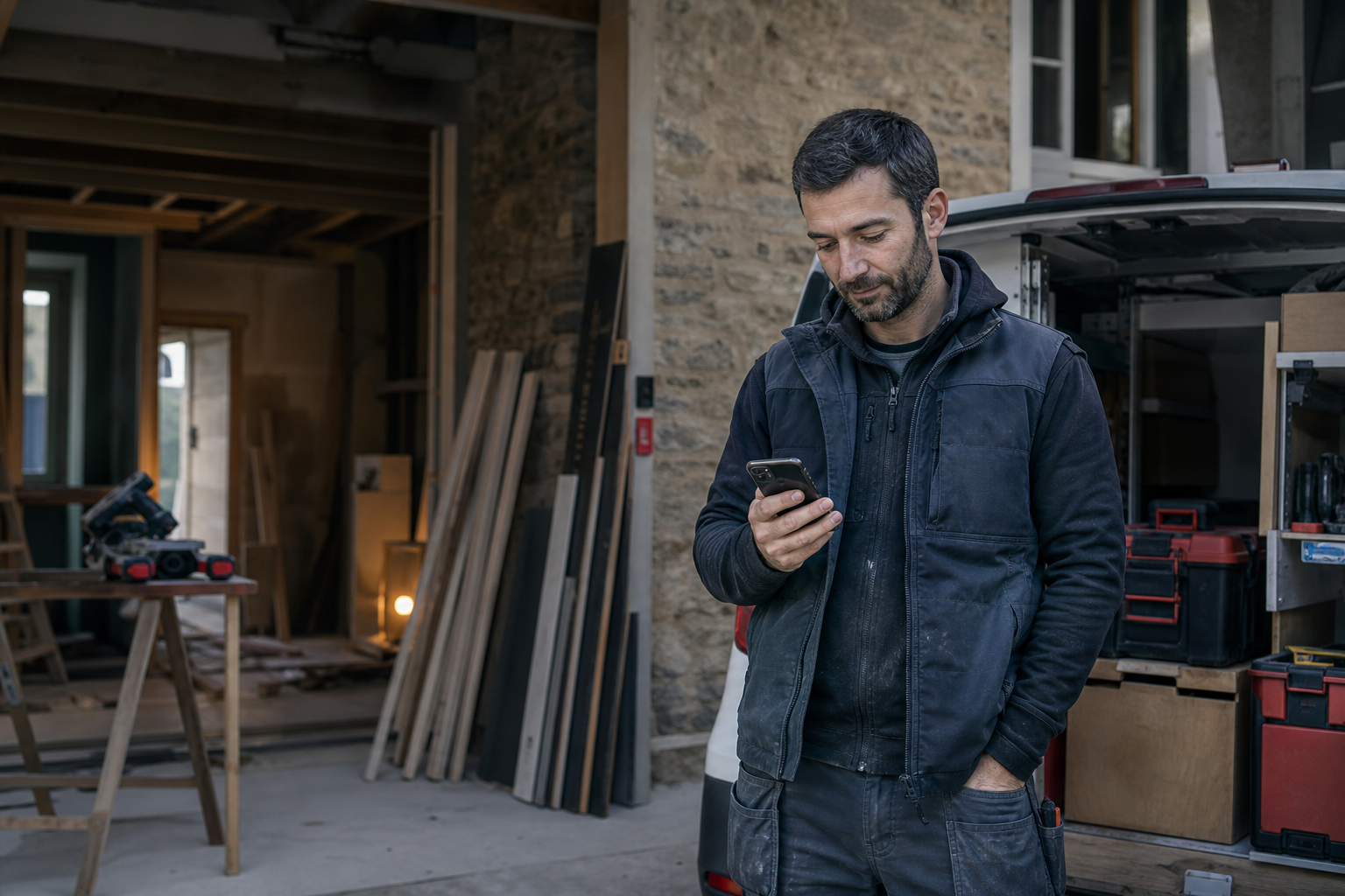 Tradesperson checking their phone beside their vehicle on a renovation site