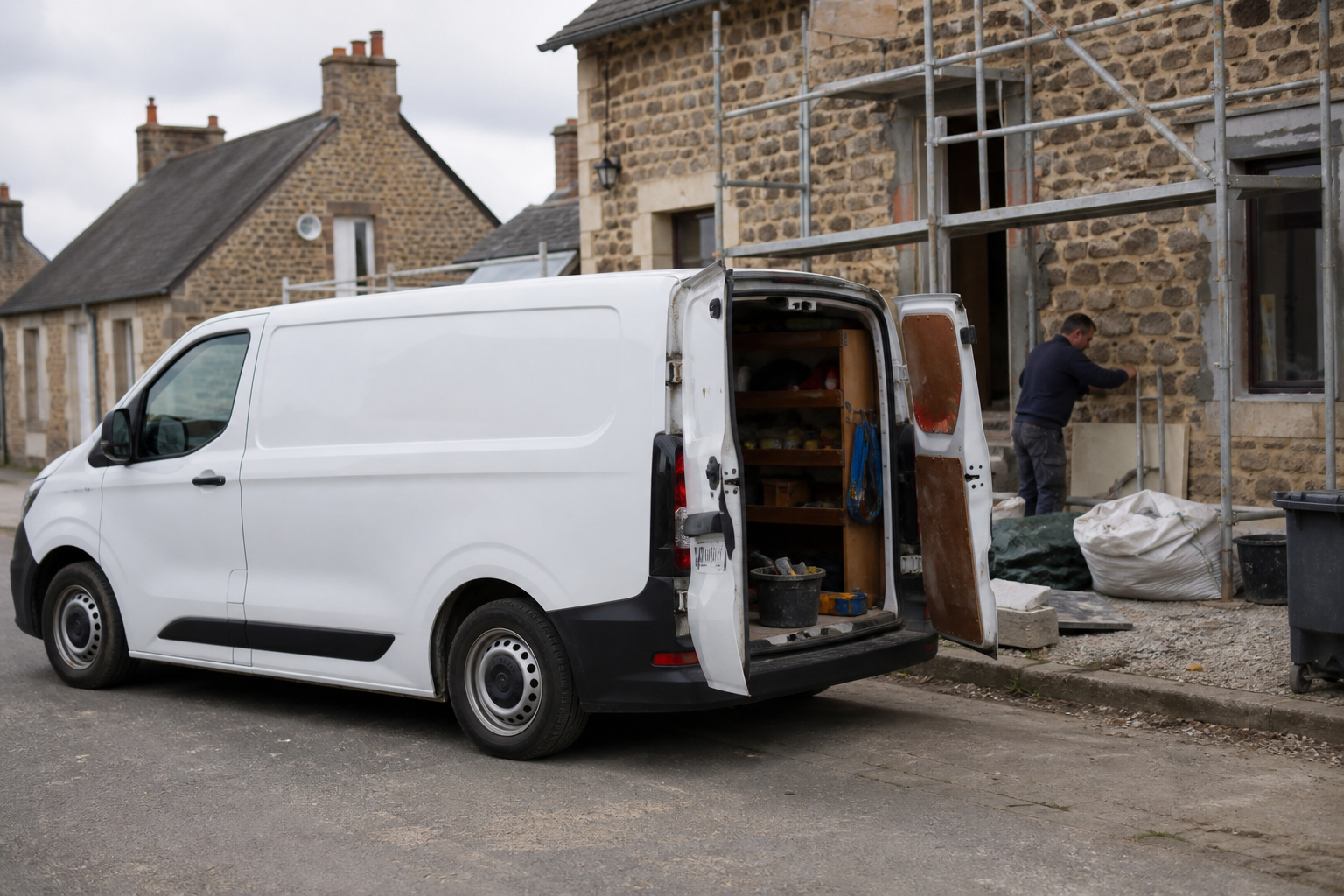 Tradesperson's van parked outside a renovation site
