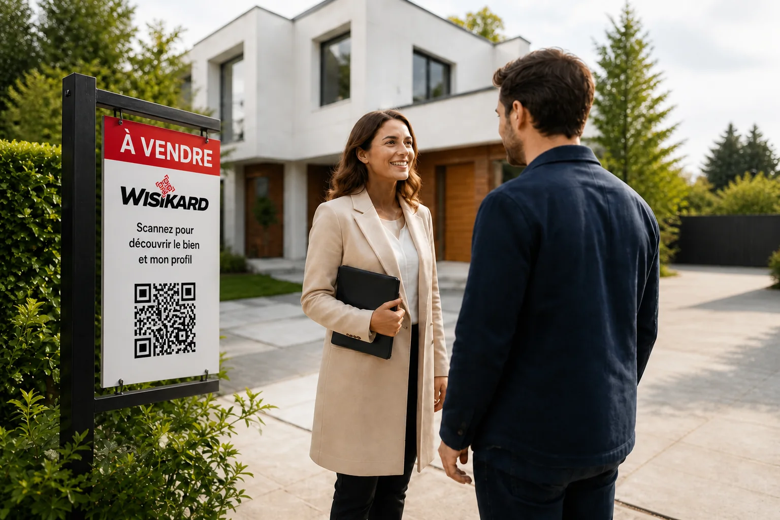 &bdquo;Zu verkaufen&ldquo;-Schild mit Wisikard-QR-Code bei einer Immobilienbesichtigung