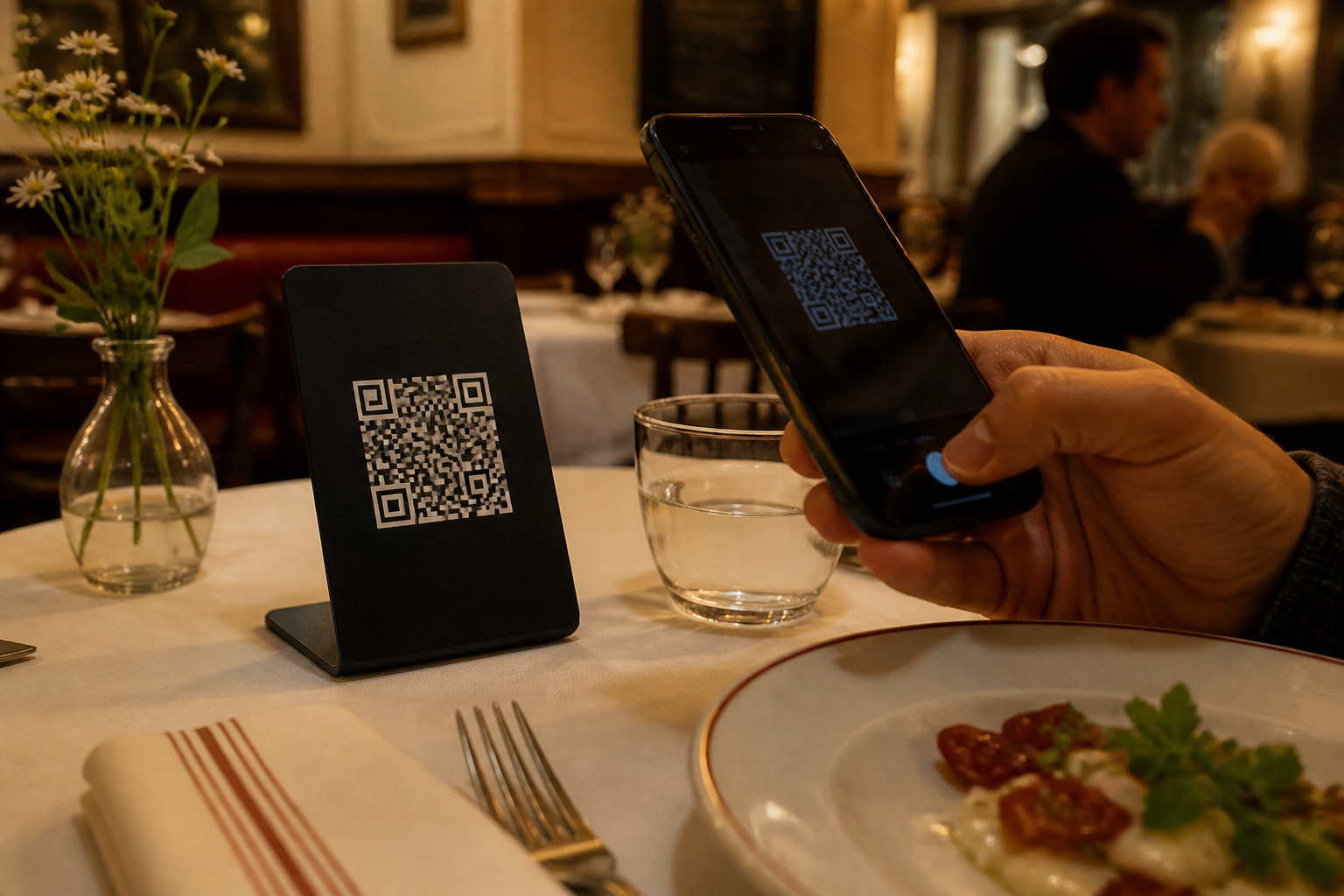 Customer scanning a QR Code display on a restaurant table